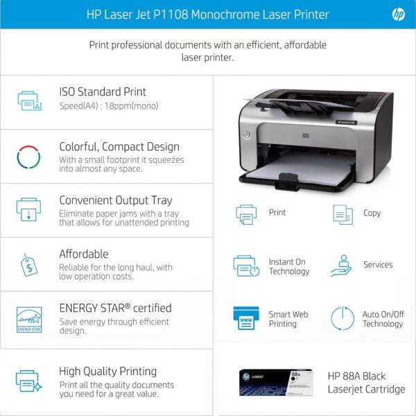 HP Laserjet P1108 Single Function Monochrome Laser Printer - Image 3