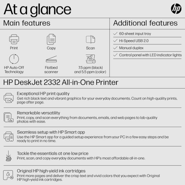 HP DeskJet 2332 All-in-One Printer, Print, Copy, Scan, Hi-Speed USB 2.0, Up to 7.5/5.5 ppm - Image 6